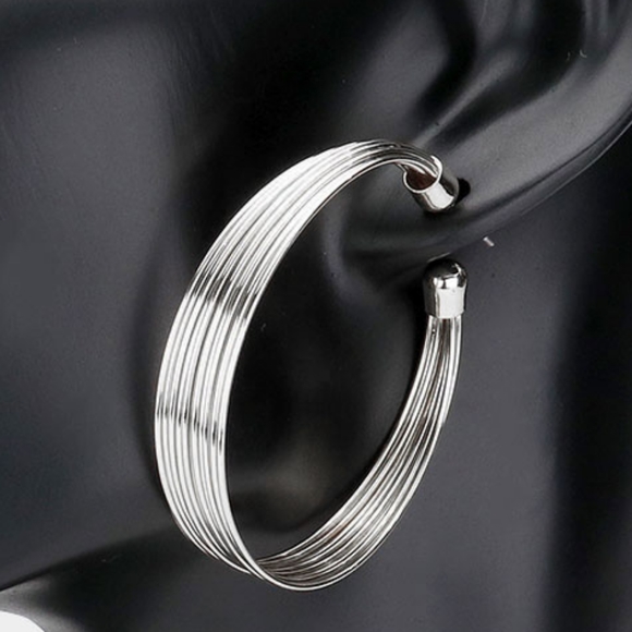 Silver Double Layered Circle 1.9" Earrings Casual Everyday Simple Fashion Hoop - Picture 2 of 2